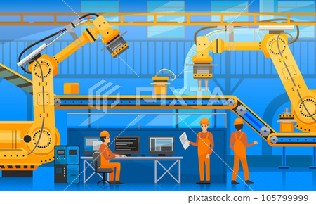 Automated robotic production line, conveyor. Technical team works with technologies at factory Automated robotic production line, conveyor. Technical team works with technologies at factory 105799999