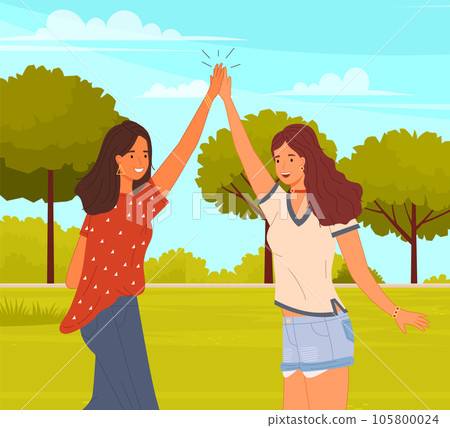 Women greeting each other. Female characters give five and rejoice standing with hands together Women greeting each other. Female characters give five and rejoice standing with hands together 105800024