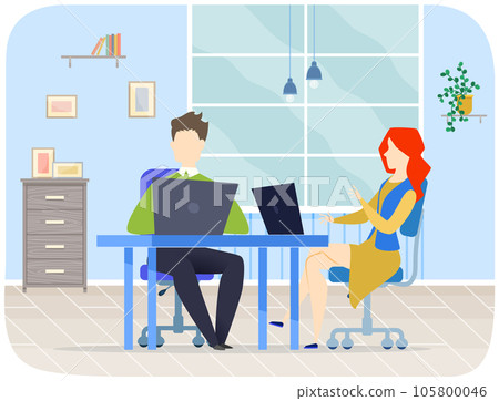 Man and woman with laptops cooperating, doing business work together at workplace in office 105800046