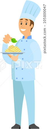 Chef standing with plate of pasta, dish of italian cuisine in cafe. Man holds ready-made meal 105800047