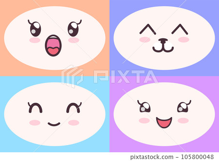 Kawaii cute faces on colorful backgrounds set. Manga style eyes and mouths, funny emotions 105800048