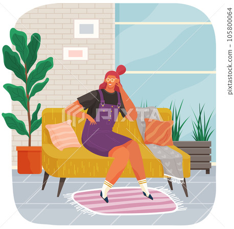 Woman lying on sofa in apartment. Happy young girl relaxing, dreaming. Rest on couch, home leisure 105800064