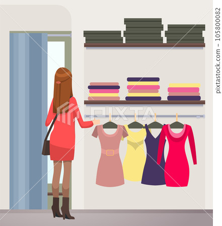 Girl chooses outfit in wardrobe at home or in boutique. Lady in dress chooses garment while shopping 105800082