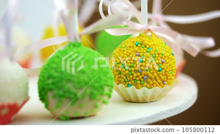 Candy bar on children's birthday. close-up, multi-colored lollipops, sweets, biscuit, cupcakes, sweet decoration for children's parties and children's anniversaries. Candy bar on children's birthday. close-up, multi-colored lollipops, sweets, biscuit, cupcakes, sweet decoration for children's parties and children's anniversaries. 105800112
