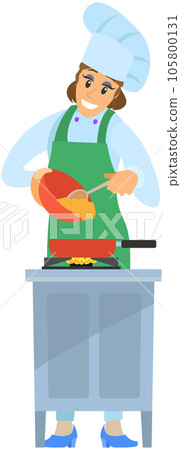 Woman preparing dish, adding ingredient to meal. Chef stands with bowl and frying pan on stove 105800131