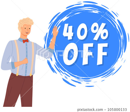 Male character advertising special offer, best goods. Poster with advertisement of online store 105800133