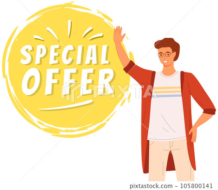 Male character advertising special offer, best goods. Poster with advertisement of online store 105800141