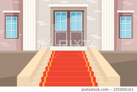 Decorated stairs and pedestal for rewarding ceremony. Red carpet velvet at entrance to building 105800161