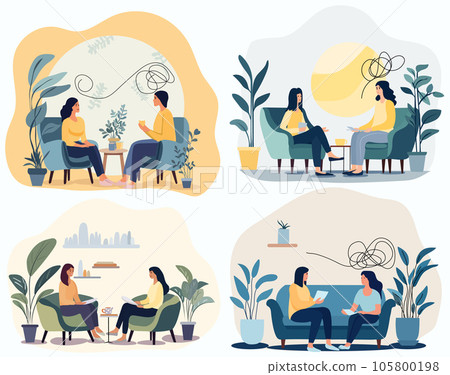 Concept of psychological healing. Woman attending a therapy appointment, engaging with a psychiatrist. Tackling stress, addictive behaviors, and mental hurdles. Vector 105800198