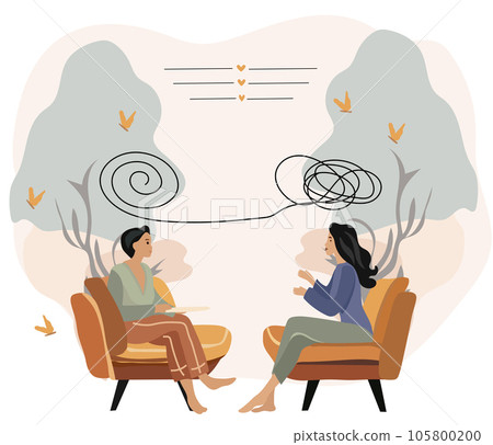 Concept of psychological healing. Woman attending a therapy appointment, engaging with a psychiatrist. Tackling stress, addictive behaviors, and mental hurdles. Vector 105800200