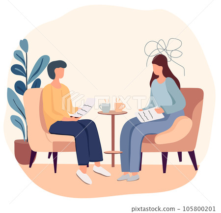 Mental health therapy notion. Female patient in a psychologists setting. Discussing with a psychiatrist while seated. Addressing stress, dependencies, and psychological issues. Vector Mental health therapy notion. Female patient in a psychologists setting. Discussing with a psychiatrist while seated. Addressing stress, dependencies, and psychological issues. Vector 105800201