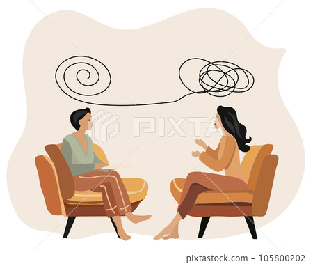 Mental health therapy notion. Female patient in a psychologists setting. Discussing with a psychiatrist while seated. Addressing stress, dependencies, and psychological issues. Vector 105800202