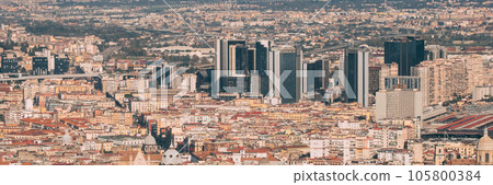 Naples, Italy. Top View Cityscape Skyline With Famous Landmarks In Sunny Day. Many Old Churches And Temples Naples, Italy. Top View Cityscape Skyline With Famous Landmarks In Sunny Day. Many Old Churches And Temples 105800384