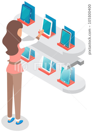 Woman looks at smartphones, tablets at exhibition. Female character near promotion stand with phones Woman looks at smartphones, tablets at exhibition. Female character near promotion stand with phones 105800400