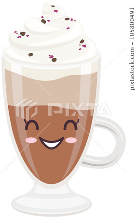 Cute coffee latte with froth and syrup sticker kawaii. Hot drink in glass with positive emotion 105800491