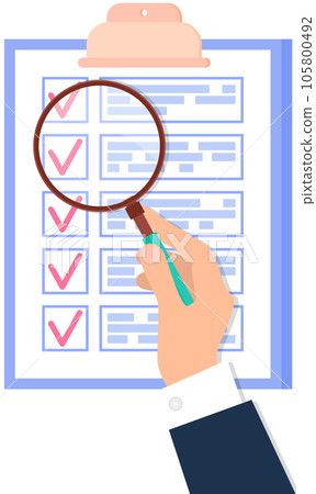 Man studying to do list with magnifier. Person with magnifying glass looks at checklist on clipboard 105800492