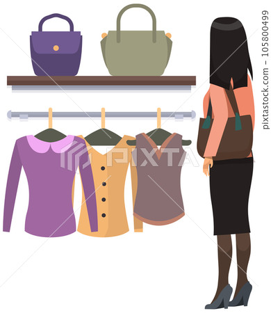 Girl chooses outfit in wardrobe at home or in boutique. Lady in dress chooses garment while shopping 105800499