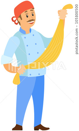 Man prepares pasta, stretches spaghetti dough. Chef cooking dish of Italian cuisine for restaurant 105800500