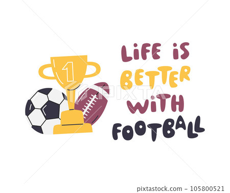 Sportive lettering art with golden cup and balls Sportive lettering art with golden cup and balls 105800521
