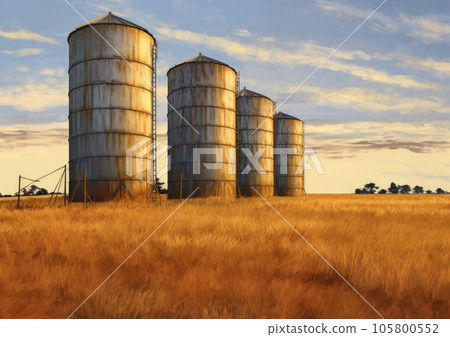 Agricultural grain silos in the field. Agricultural grain silos in the field. 105800552