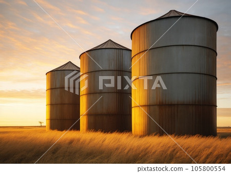 Agricultural grain silos in the field. Agricultural grain silos in the field. 105800554