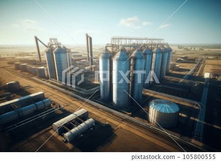 Agricultural grain silos in the field. Agricultural grain silos in the field. 105800555