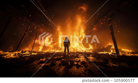 The fireman stands at the scene of the fire. The fireman stands at the scene of the fire. 105800577
