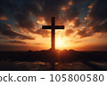 Silhouette cross on Calvary mountain sunset background. Easter, Christmas concept. 105800580