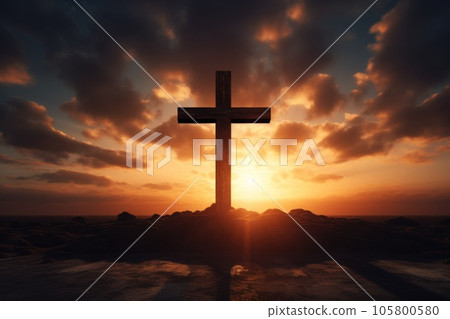 Silhouette cross on Calvary mountain sunset background. Easter, Christmas concept. Silhouette cross on Calvary mountain sunset background. Easter, Christmas concept. 105800580