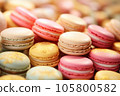 Colorful French macaron cakes on a plate, food composition. 105800582