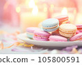 Colorful French macaron cakes on a plate, food composition. 105800591