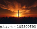 Silhouette cross on Calvary mountain sunset background. Easter, Christmas concept. 105800593