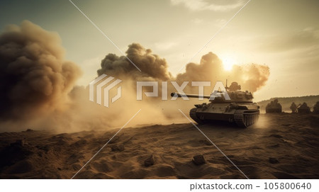 A battle tank rides surrounded by smoke from explosions in a desert area.  105800640