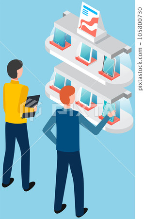Men looking at promotion stand with tablets. Male characters at presentation, exhibition of phones Men looking at promotion stand with tablets. Male characters at presentation, exhibition of phones 105800730