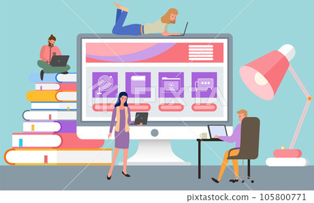 Distance learning education, online library concept. Reading e-books with laptop, remote courses 105800771