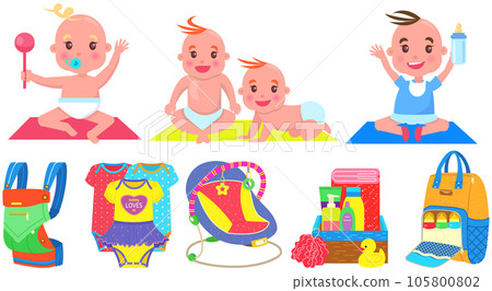 Multinational children, kids playing, baby care objects, newborn items supplies, set of icons 105800802