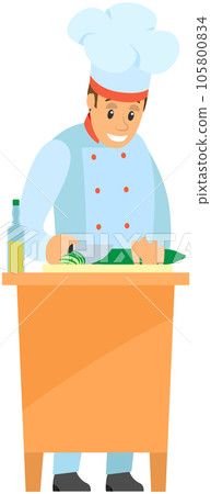 Man with knife preparing cucumber, vegetable for salad. Cook cuts ingredients to healthy meal 105800834