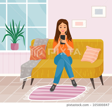 Lady sitting on couch at home, chatting, communicating. Woman talking by smartphone on sofa Lady sitting on couch at home, chatting, communicating. Woman talking by smartphone on sofa 105800847