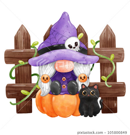 Gnome Halloween Watercolor clipart Gnome Witch Pumpkin Spooky cartoon character with a broom and a hat Hand Drawn Gnome Halloween Watercolor clipart Gnome Witch Pumpkin Spooky cartoon character with a broom and a hat Hand Drawn 105800849