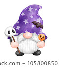 Gnome Halloween Watercolor clipart Gnome Witch Pumpkin Spooky cartoon character with a broom and a hat Hand Drawn 105800850