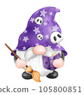 Gnome Halloween Watercolor clipart Gnome Witch Pumpkin Spooky cartoon character with a broom and a hat Hand Drawn 105800851