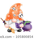 Gnome Halloween Watercolor clipart Gnome Witch Pumpkin Spooky cartoon character with a broom and a hat Hand Drawn 105800854