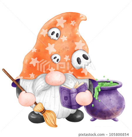 Gnome Halloween Watercolor clipart Gnome Witch Pumpkin Spooky cartoon character with a broom and a hat Hand Drawn Gnome Halloween Watercolor clipart Gnome Witch Pumpkin Spooky cartoon character with a broom and a hat Hand Drawn 105800854