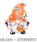 Gnome Halloween Watercolor clipart Gnome Witch Pumpkin Spooky cartoon character with a broom and a hat Hand Drawn 105800855
