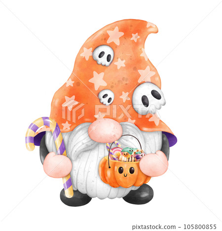 Gnome Halloween Watercolor clipart Gnome Witch Pumpkin Spooky cartoon character with a broom and a hat Hand Drawn Gnome Halloween Watercolor clipart Gnome Witch Pumpkin Spooky cartoon character with a broom and a hat Hand Drawn 105800855