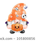 Gnome Halloween Watercolor clipart Gnome Witch Pumpkin Spooky cartoon character with a broom and a hat Hand Drawn 105800856
