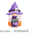 Gnome Halloween Watercolor clipart Gnome Witch Pumpkin Spooky cartoon character with a broom and a hat Hand Drawn 105800858