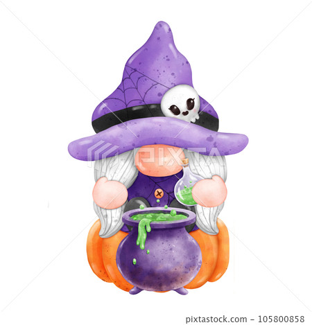 Gnome Halloween Watercolor clipart Gnome Witch Pumpkin Spooky cartoon character with a broom and a hat Hand Drawn Gnome Halloween Watercolor clipart Gnome Witch Pumpkin Spooky cartoon character with a broom and a hat Hand Drawn 105800858