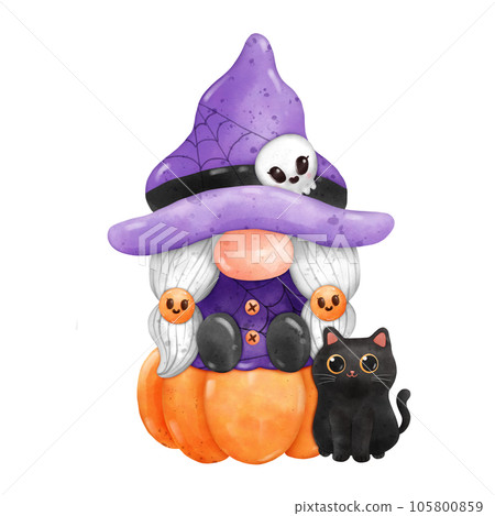 Gnome Halloween Watercolor clipart Gnome Witch Pumpkin Spooky cartoon character with a broom and a hat Hand Drawn Gnome Halloween Watercolor clipart Gnome Witch Pumpkin Spooky cartoon character with a broom and a hat Hand Drawn 105800859