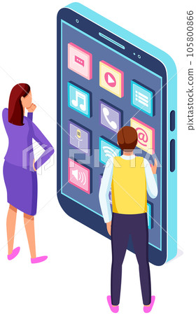 Creating mockup of smartphone interface. Man and woman work with development of application 105800866